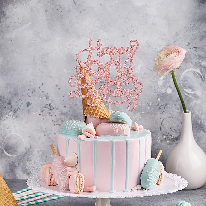 1 Pack Happy 90th Birthday Cake Topper Rose Gold Glitter 90 & Fabulous Cheers to 90 Years Old Birthday Cake Pick for Celebrating 90th Birthday Anniversary Party Cake Decorations Supplies