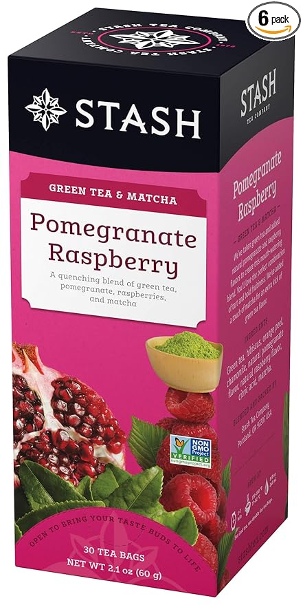 Stash Tea Pomegranate Raspberry Green Tea - Caffeinated, Non-GMO Project Verified Premium Tea with No Artificial Ingredients, 30 Count (Pack of 6) - 180 Bags Total