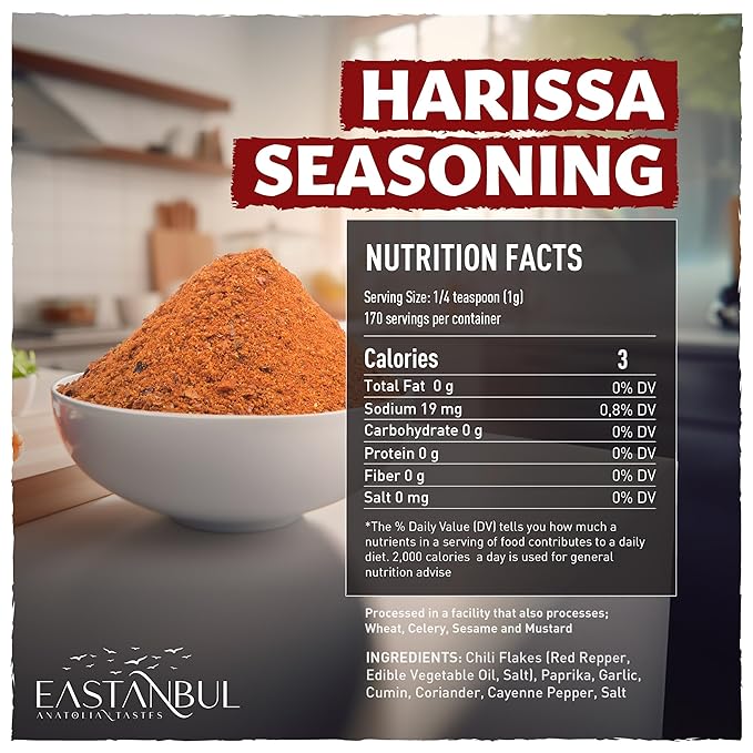 Eastanbul Harissa Seasoning, 6oz, Harissa, Asian Spices and Seasonings, Perfect Spice Blend with Chili Peppers, Paprika, Garlic, Cumin, Coriander, and Cayenne, Very Low Sodium, No MSG, No Filler
