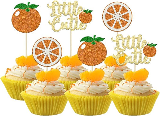 24Pcs Little Cutie Cupcake Toppers Glitter Orange Cupcake Picks Citrus Theme Baby Shower Decorations for Cutie Kids Birthday Party Tangerine Theme Baby Shower Fruit Party Supplies