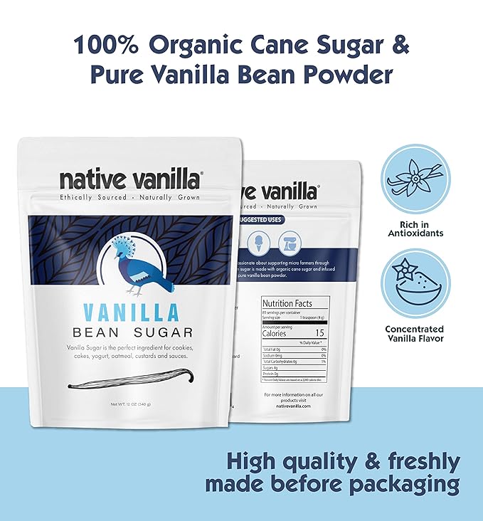 Organic Vanilla Bean Sugar ??Native Vanilla ??Made from Premium Vanilla Bean Pods ??For Chefs and Home Cooking, Baking, and Dessert Making ??Made with Real Vanilla Beans - 12 Oz
