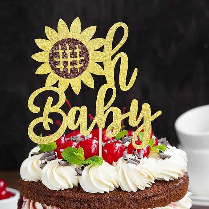 1 Pack Happy Birthday Oh Baby Cake Topper Glitter Sunflower Birthday Cake Pick Baby Shower Kids Birthday Summer Welcome Baby Shower Cake Decoration Party Supplies