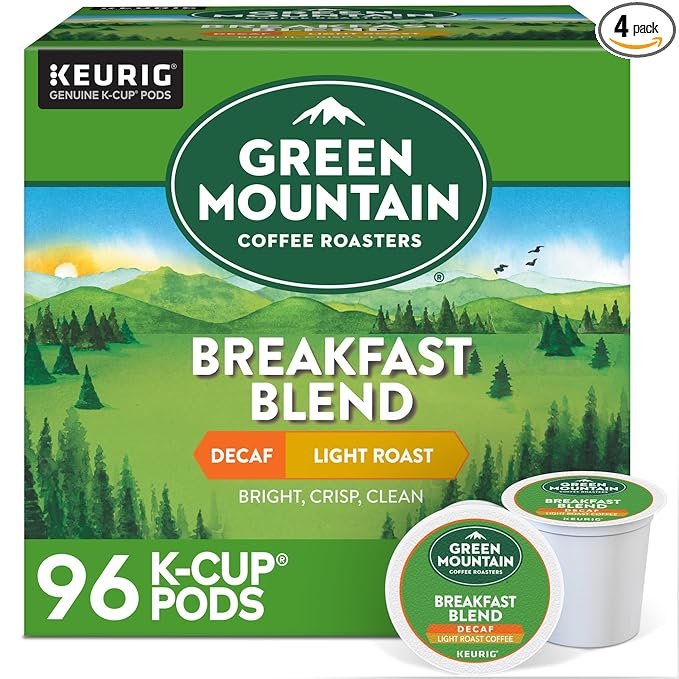 Green Mountain Coffee Roasters Breakfast Blend Decaf Coffee, Keurig Single Serve K-Cup pods, Light Roast, 96 Count