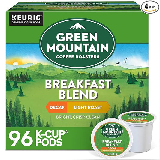 Green Mountain Coffee Roasters Breakfast Blend Decaf Coffee, Keurig Single Serve K-Cup pods, Light Roast, 96 Count