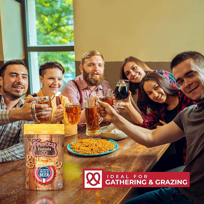 Knotty Pretzels - "The Official Pretzel of Beer" 7.5 Ounce Individual Seasoned Pretzel in Resealable Snack Bags - Honey Mustard (6 Pack)