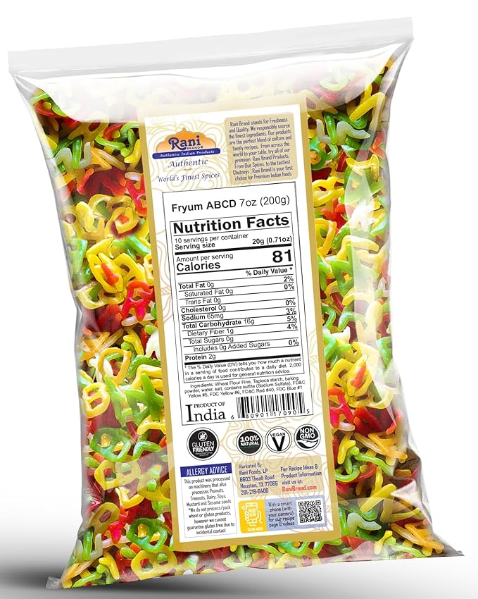 Rani Far Far/Fryums (Wheat & Tapioca Pellet) ABCD Shape 7oz (200g) ~ Vegan, Kosher, Uncooked, Used to Make Papad, Bhungra/Chip Snack