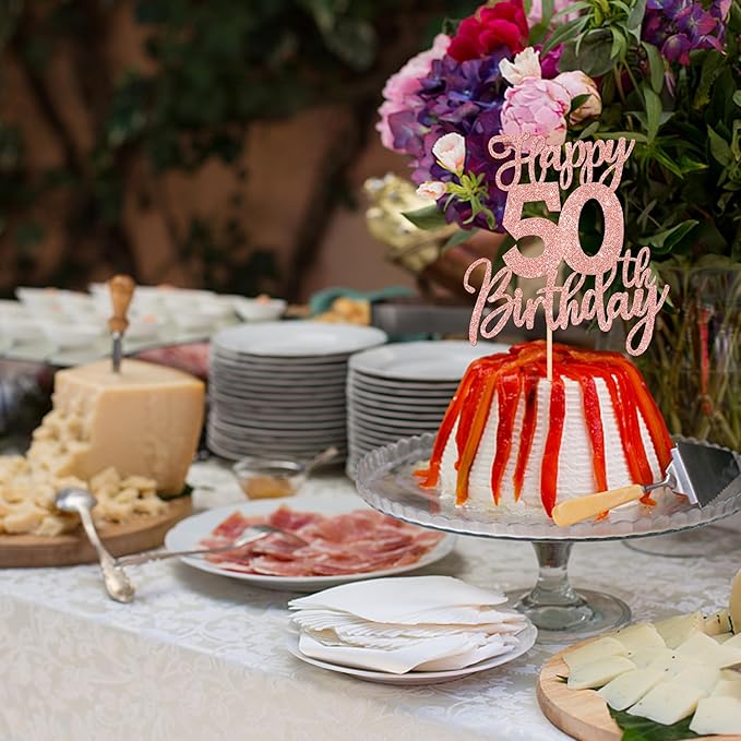1 PCS Happy 50th Birthday Cake Topper Glitter Cheers to 50 Years Birthday Cake Pick Fifty Hello 50 Fabulous Cake Decorations for Happy 50th Birthday Anniversary Party Supplies Rose Gold