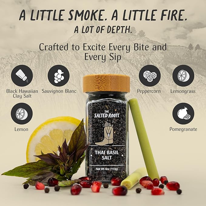 The Salted Roots - Smoked Thai Basil Salt - Infused with Thai Basil, Sauv Blanc, Lemongrass & Pomegranate - Applewood Smoked Black Hawaiian Salt - For Gourmet Cooking & Cocktails - 4oz
