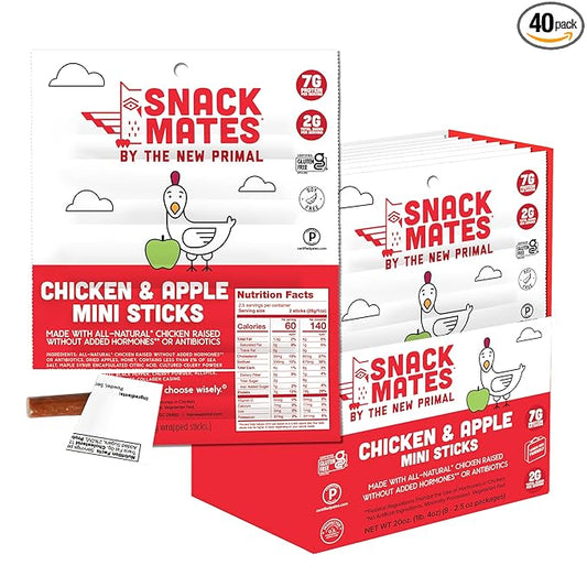 New Primal Snack Mates Chicken & Apple Sticks, Gluten Free Healthy Snacks for Kids, Low Sugar High Protein Back to School Snacks, Mini Paleo Jerky Meat Stick, 7g Protein, 60 Calories, 40 Pack