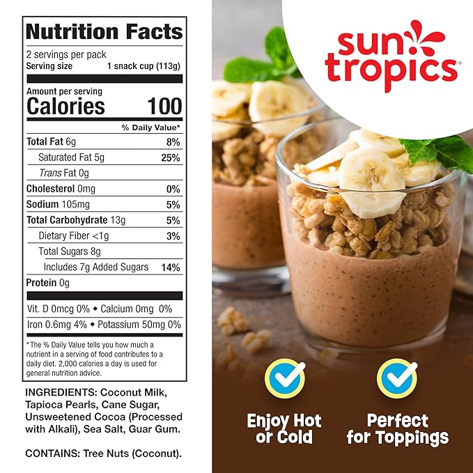 Sun Tropics Tapioca Pudding, Chocolate | Vegan Puddings, Dairy Free Puddings | Gluten Free, Non-GMO | Ready-to-Eat Pudding Cups 4.0oz (Pack of 6)