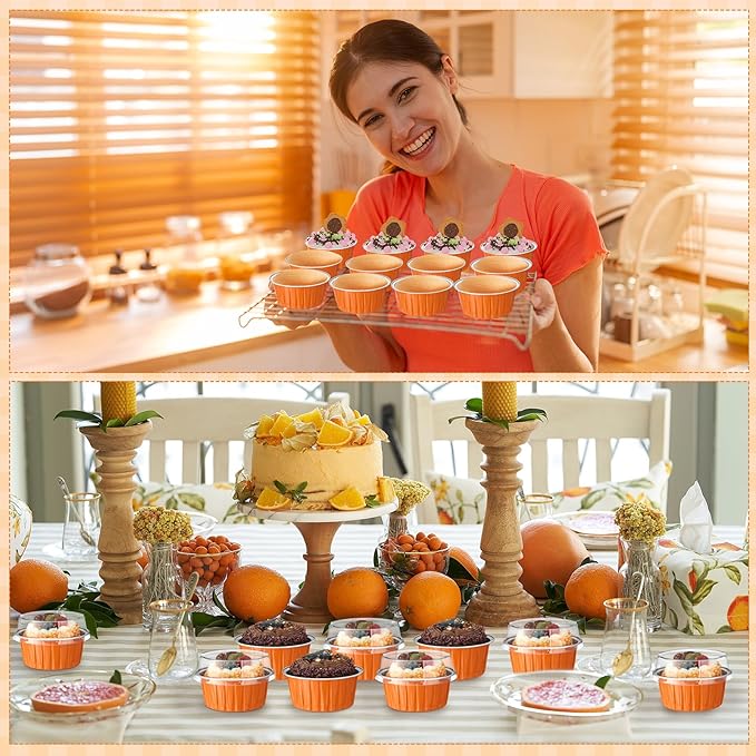 Gejoy 400 Pcs Aluminum Foil Baking Cups with Lids 5 oz Disposable Ramekins Mini Cake Pans Creme Brulee Cupcake Liners Muffin Tins Flan Mold Dessert Container for Wedding(Orange,Classic)
