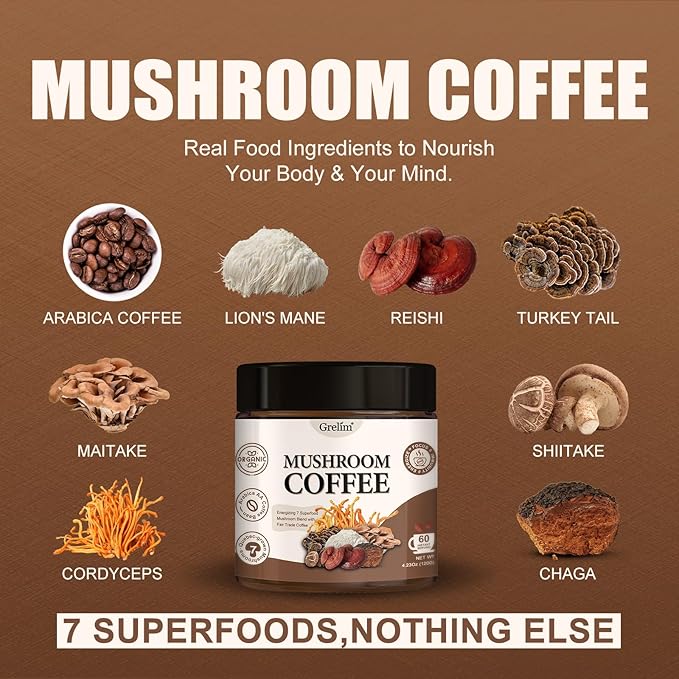 Grelim Mushroom Coffee with 7 Superfood Mushrooms, Great Tasting Arabica Instant Coffee 4.23 Oz