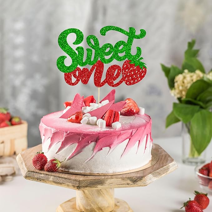 1 Pack Sweet One Cupcake Topper Glitter First Birthday Strawberry Cake Pick for Fruit Baby Shower 1st Birthday Berry Sweet Party Cake Decorations Supplies Green