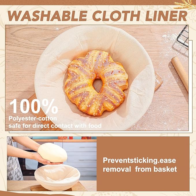 Patelai 10 Pieces Banneton Bread Proofing Basket Round Sourdough Proofing Basket Banneton Basket Dough Bowl with Liners and Scrapers for Home Making Bread Bakers Baking(9 Inch)
