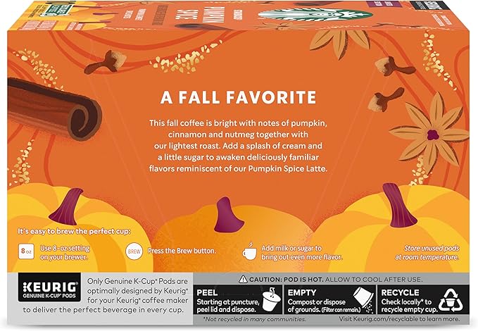 Starbucks K-Cup Coffee Pods—Pumpkin Spice Flavored Coffee—100% Arabica—Naturally Flavored—1 box (10 pods)
