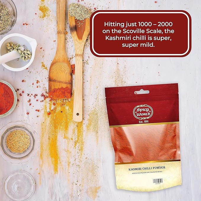 Spicy World Kashmiri Chili Powder Red 2 Ounce bag | All Natural Low Heat, Red Chili Powder - Red Pepper Powder