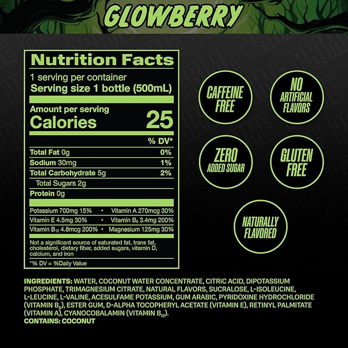 PRIME Hydration GLOWBERRY, Sports Drinks, Electrolyte Enhanced for Ultimate Hydration, 250mg BCAAs, B Vitamins, Antioxidants, Low Sugar, 16.9 Fl Oz, 12 Pack