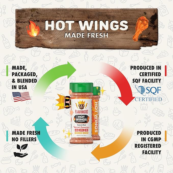 Hot Wings Seasoning Mix, 2 Bottles by Flavor God - Premium All Natural & Healthy Spice Blend for Chicken Wings & Eggs - Kosher, Low Sodium, Vegan & Gluten-Free - Great Flavor Spices and Seasoning Gift