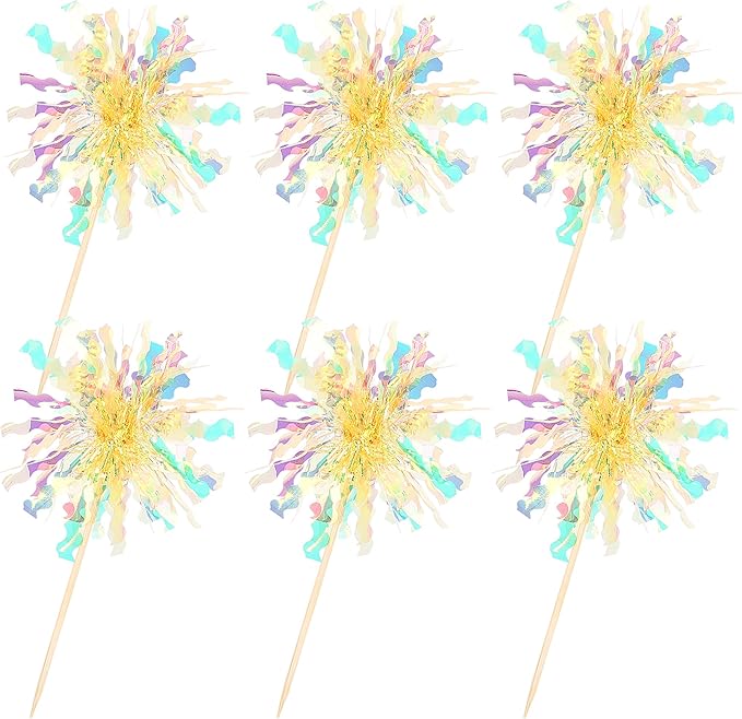 Rsstarxi 30 Pack Firework Cupcake Toppers Sparkle Tinsel Drink Birthday Cake Decorations Cocktail Food Fruit Toothpick for Valentine's Day Wedding Birthday Party Decorations Yellow