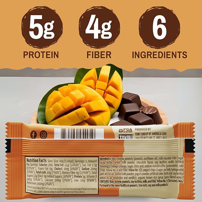 ToYou Chewy Fruit and Nut Bars - Healthy Protein Snacks | Chocolate Mango - 1.41 Ounce (Pack of 12) | Soft Chewy, Fiber-packed Granola Bars for Adults and Kids, Made with Natural Ingredients