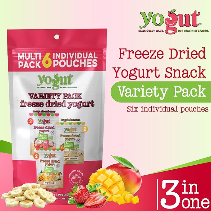 YoGut Freeze Dried Yogurt Snack, Variety Pack, 6 Pack, Healthy Snacks for Kids, Toddlers & Adults, Gluten Free, Non GMO, With 5 Billion Live Probiotics, Vitamins & Minerals, Individual Snack Packs