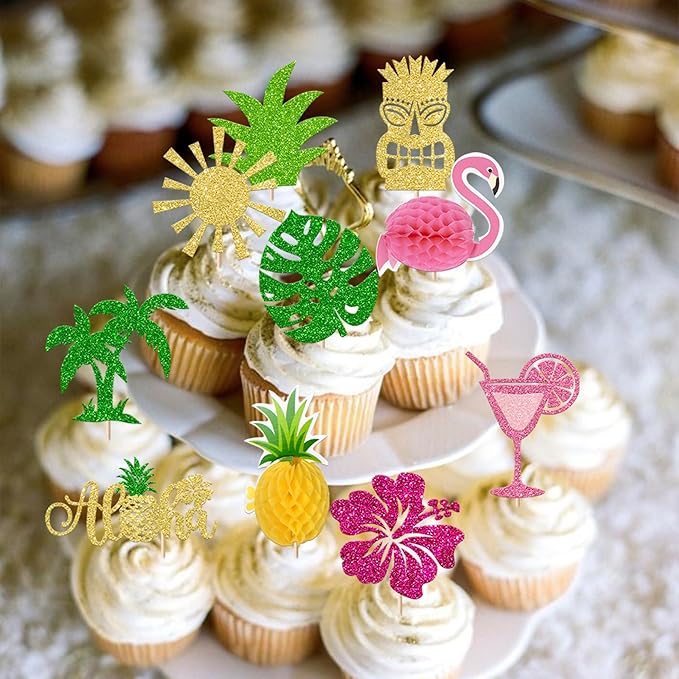 30 Pack Tropical Cupcake Toppers Glitter Leaf Pineapple Palm Tree Flamingo Picks Aloha Luau Cake Decorations for Summer Baby Shower Birthday Party Supplies