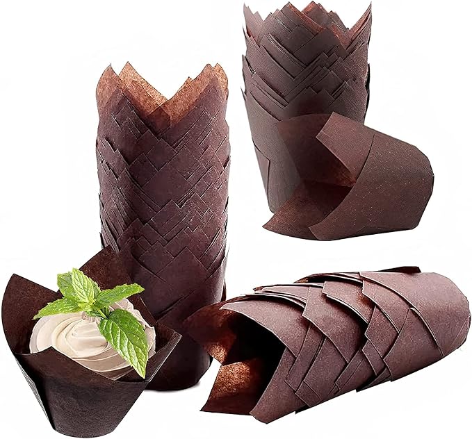 200PACK Tulip Baking Paper Cups Cupcake Liners Baking Cups Muffin Wrappers Greaseproof Paper Made,Perfect for Birthday Parties,Weddings,Bakeries,Restaurants, Brown