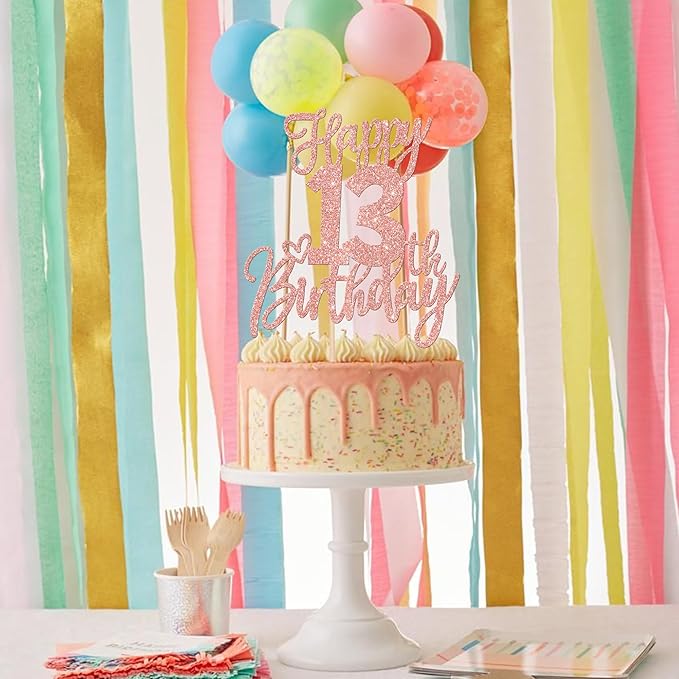 1 PCS Happy 13th Birthday Cake Topper Glitter Cheers to 13 Years Birthday Cake Pick 13 Official Teenager Cake Decoration for Happy 13th Birthday Anniversary Theme Party Decorations Rose Gold