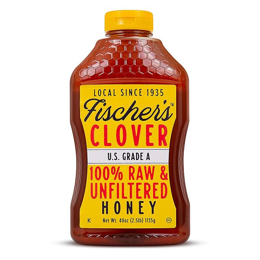 Fischer’s 100% Pure Clover Honey, 40 oz – Unfiltered Raw Honey in a Squeeze Bottle – All-Natural Sweetener – Rich Flavor Profile, Packed with Nutrients