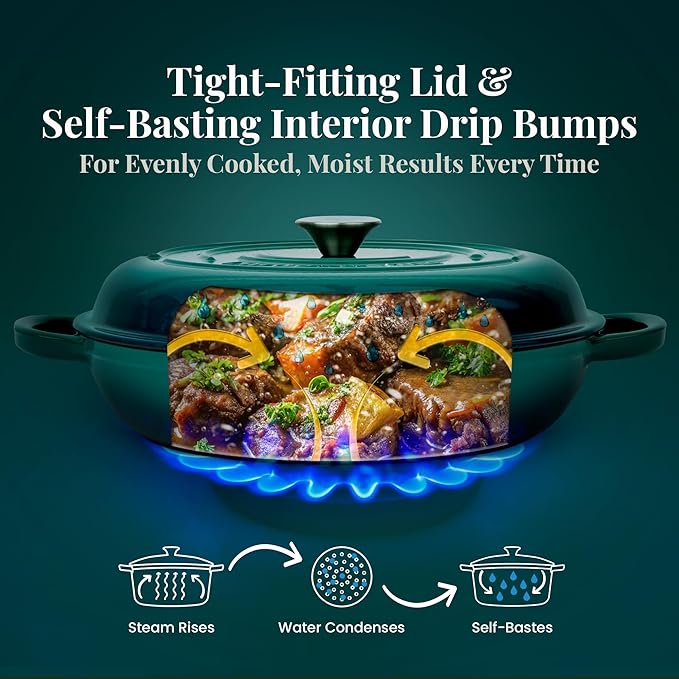 Larder & Vine Enameled Cast Iron Braiser | 3.6 qt Braiser Pan with Lid | Shallow Dutch Oven Compatible on All Cooktops | Casserole Dish Oven Safe to 500ì§?F | Dual Handles | Bondi