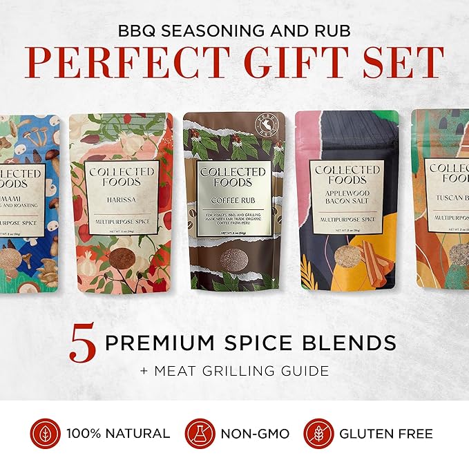 BBQ Seasoning and Rub Gift Set - BBQ Seasonings and Spices for Cooking with the Grill - Gourmet Spice Set: Bacon Salt, Harissa, Umami Mushroom Powder, Coffee Rub, Tuscan Grill
