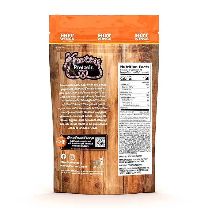 Knotty Pretzels ?쏷he Official Pretzel of Beer??7.5 oz Individual Seasoned Pretzels in Resealable Pretzel Snack Bags, The Perfect Pairing for Beer, Hot Wings Flavor (6-Pack)