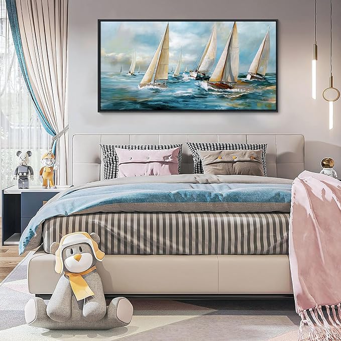 YDYSUNE Sailboat Wall Art - Blue Canvas Abstract Painting Textured Picture Artwork Vintage Nautical Large Painting Coastal Modern Print Frame for Living Room Bedroom Home 24x48inch