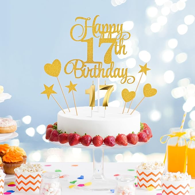 17th Birthday Cake Decorations, 17th Birthday Candles Cake Numeral Candles and Glitter Happy 17th Birthday Cake Toppers Set for Birthday Party Supplies (Gold)