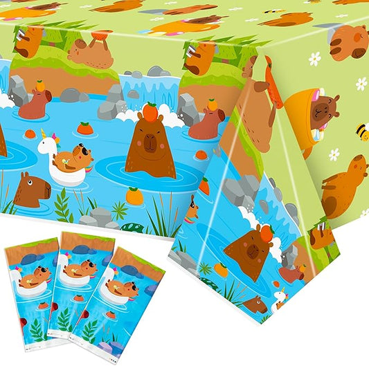 Capybara Party Tablecloths - 3Pcs Capybara Birthday Party Table Cover Decorations, Cute Animals Themed Rectangular Plastic Disposable Table Cloth for Kids Birthday Baby Shower Animals Theme Events