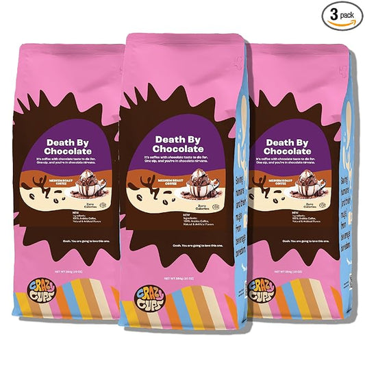 Crazy Cups Flavored Ground Chocolate Coffee, Death By Chocolate Coffee in 10 oz Bag, For Brewing Flavored Hot or Iced Coffee, 3 Pack