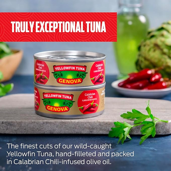 Genova Premium Yellowfin Tune in Calabrian Chili Infused Olive Oil, 5 Ounce Cans, 12-Pack – Nutrient Rich, High Protein Canned Tuna Fish - Delicious, Easy, Nutritious Ready to Eat Meals