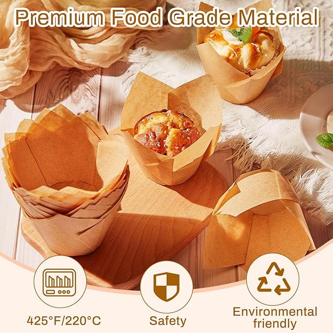 300 Pcs Jumbo Muffin Liners for Baking 2-1/4" x 4" Large Tulip Cupcake Liners Greaseproof Cupcake Wrapper Paper for Weddings Birthday Christmas Anniversaries Party (Light Brown)