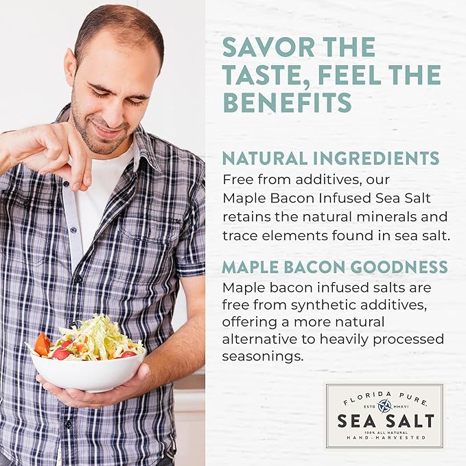 FLORIDA PURE Maple Bacon Sea Salt - Smoky Bacon Salt, 80+ Mineral Sea Salt Unrefined, Non Iodized, Natural Sea Salt for Baking, Cooking, Cocktail Rims Vegan Friendly Flaky Sea Salt (1.75 oz Jar)