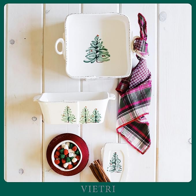 Vietri Lastra Holiday White and Green Square Baker 11.5"L, Stoneware Oven Baking Dish & Serving Pan, Christmas Bakeware