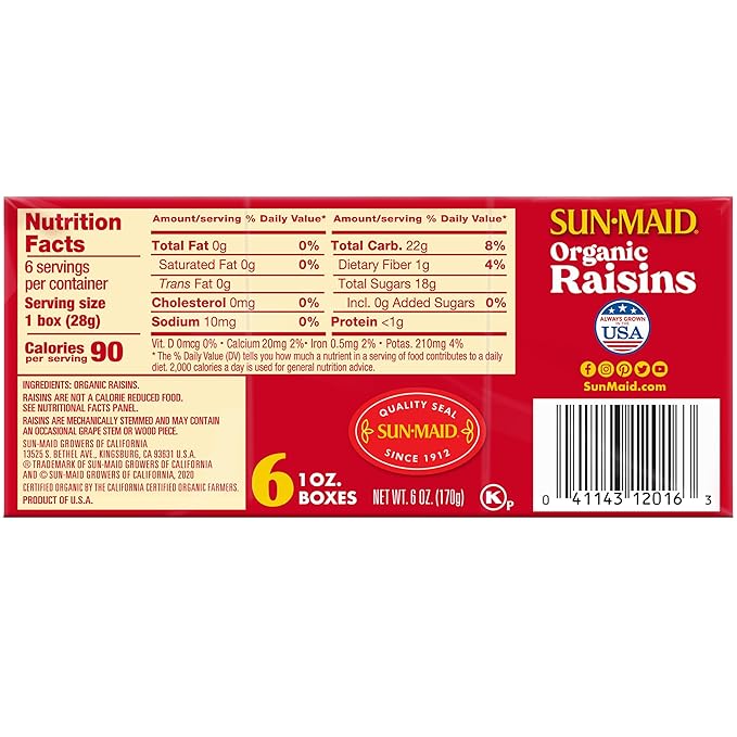 Sun-Maid Organic California Sun-Dried Raisins - (72 Pack) 1 oz Snack-Size Box - Dried Fruit Snack for Lunches and Back to School Snacks