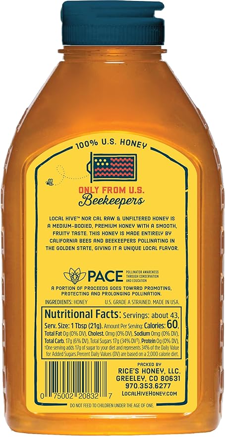 Local Hive North California Raw Unfiltered Honey – 32oz, 100% Pure US Honey, Sourced from American Bees and Beekeepers - Natural Sweetener, Ideal for Tea, Baking, and Cooking