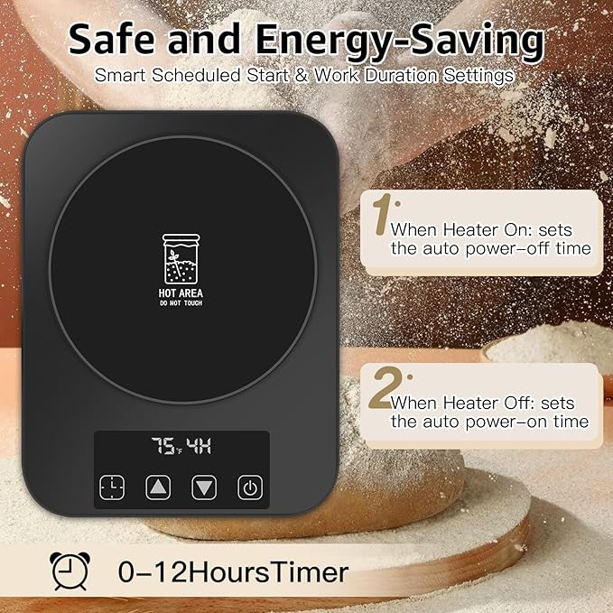 Sourdough Starter Warmer 3.0 – Precise 1°F Thermostat Control (70–100°F), Auto On/Off, 12-Hour Timer, Fits Jars Up to 40oz, Ideal for Home Baking and Fermentation