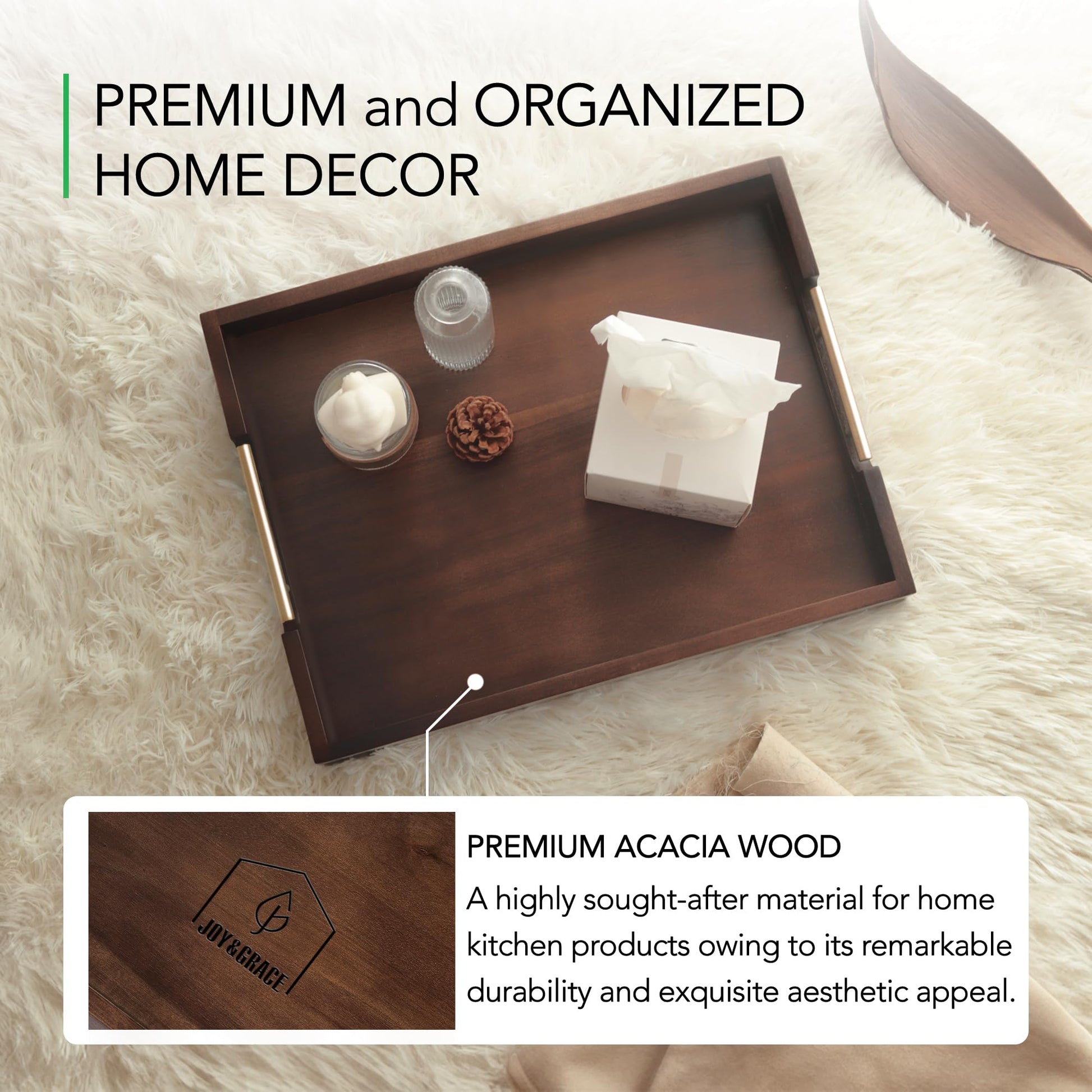 Joy&Grace Acacia Wood Ottoman Tray with Handles 16.7" x 12.8"