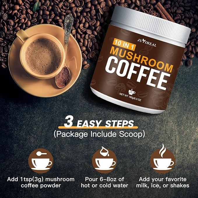 JUYIHEAL Mushroom Coffee, 10 in1 Mushroom Powder Coffee with Lions Mane, Chaga, Reishi, Cordyceps, Maitake, Shiitake, and Turkey Tail for Energy, Focus, Immune Support, 180g