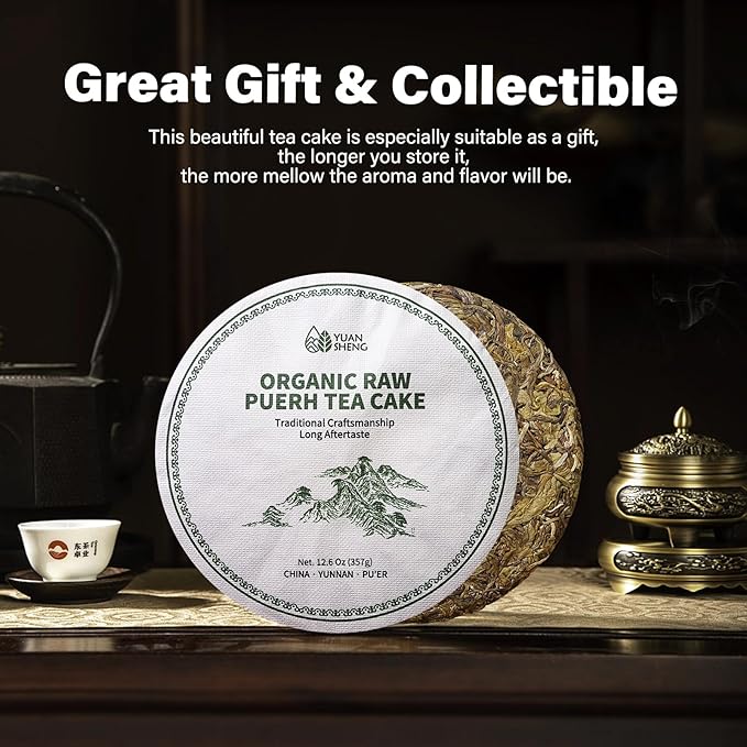 YUANSHENG Organic Raw Pu erh Tea Cake, USDA Certified, Aged & Organic Chinese Yunnan Ancient Tree Pu-erh Tea, Refreshing, 12.6 Oz