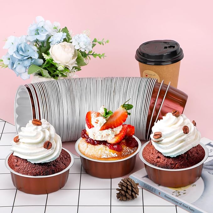 Beasea Aluminum Baking Cups, 8oz 200 Pack Disposable Ramekins Foil Cups Baking 3.9" Ramekin Cup Cupcake Aluminum Mini Baking Cups for Party - Wine Red