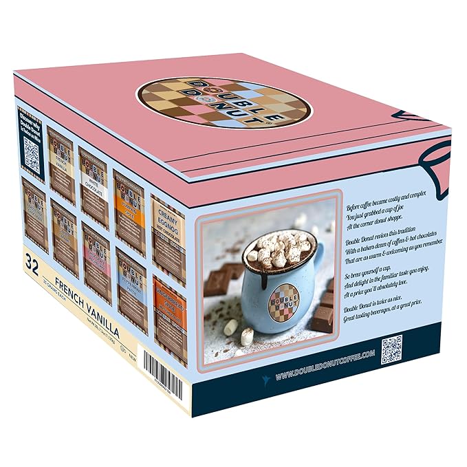 Double Donut French Vanilla Hot Chocolate Mix Packets, Flavored French Vanilla Hot Cocoa Mix, 32 Count