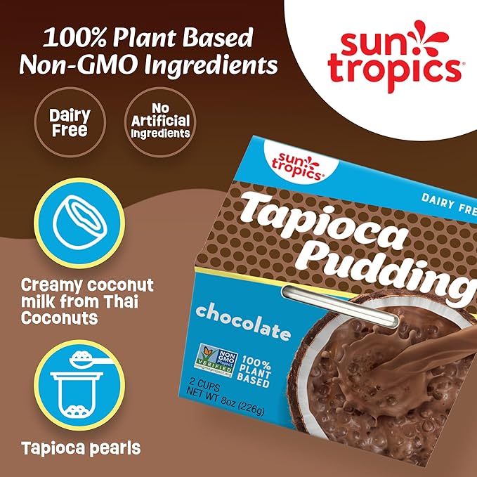 Sun Tropics Tapioca Pudding, Chocolate | Vegan Puddings, Dairy Free Puddings | Gluten Free, Non-GMO | Ready-to-Eat Pudding Cups 4.0oz (Pack of 6)