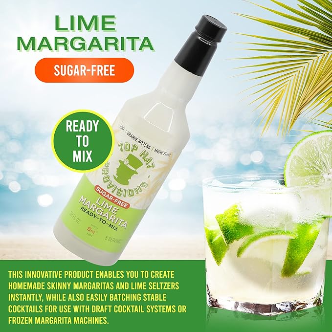 Top Hat Keto Sugar Free Lime Margarita Mix - Naturally Sweetened with Monk Fruit - Craft Mixer for Skinny Margarita Cocktail Drinks - 32oz Bottle
